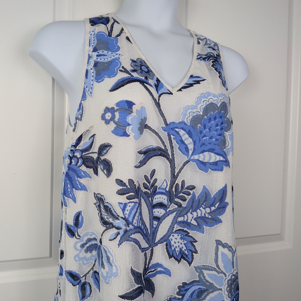 Coastal Beach Vacation Blue White Floral Paisley Mesh Lace Pom Poms Shift Dress